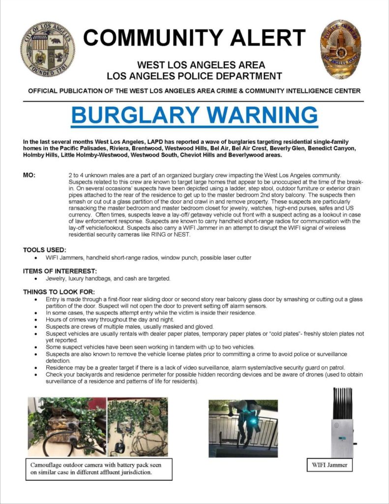 LAPD Burglary Alert 9262023 Westwood Hills Property Owners